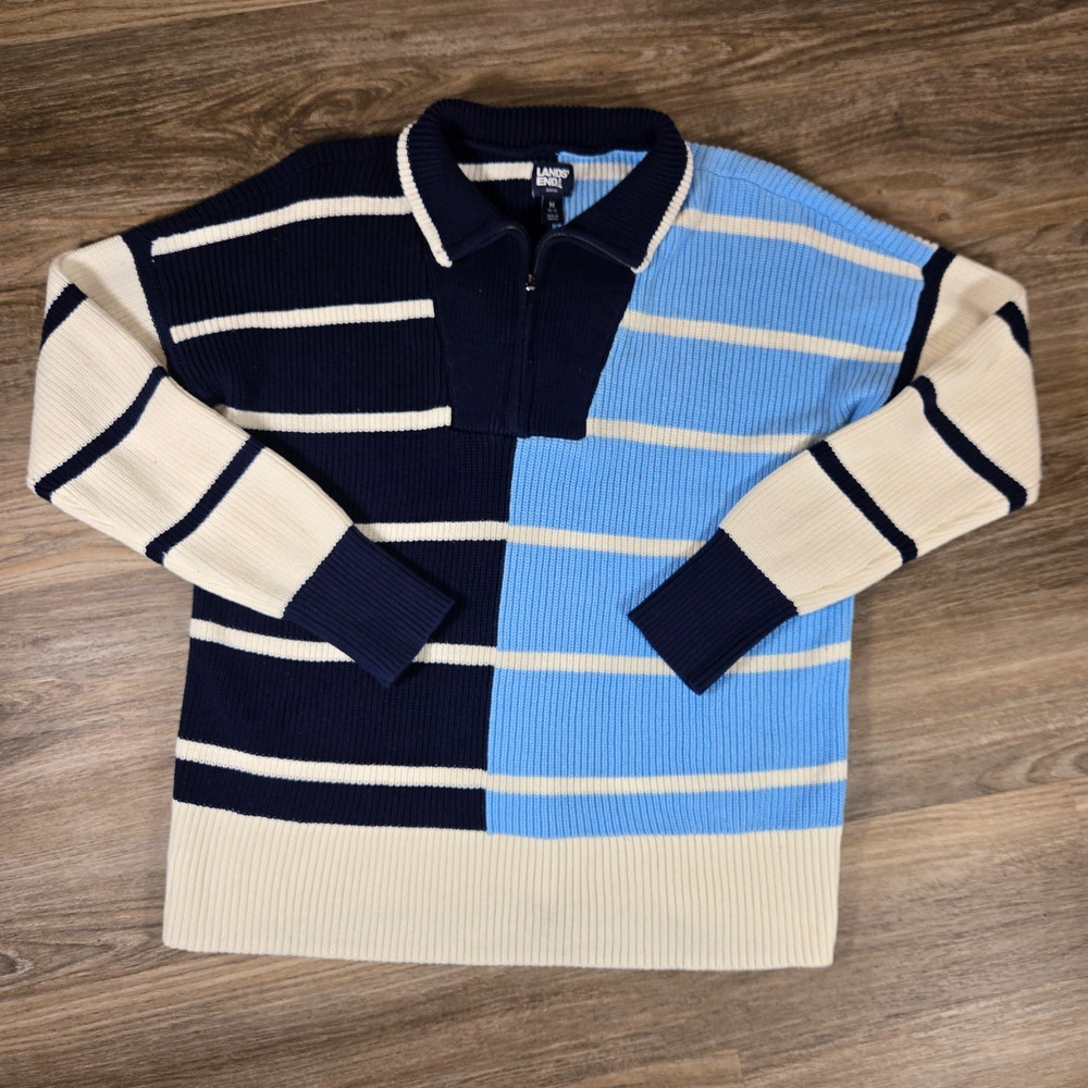 Vintage Y2K Lands End Drifter Sweater Womens M 10-12 Cable Knit 1/4 Zip Striped